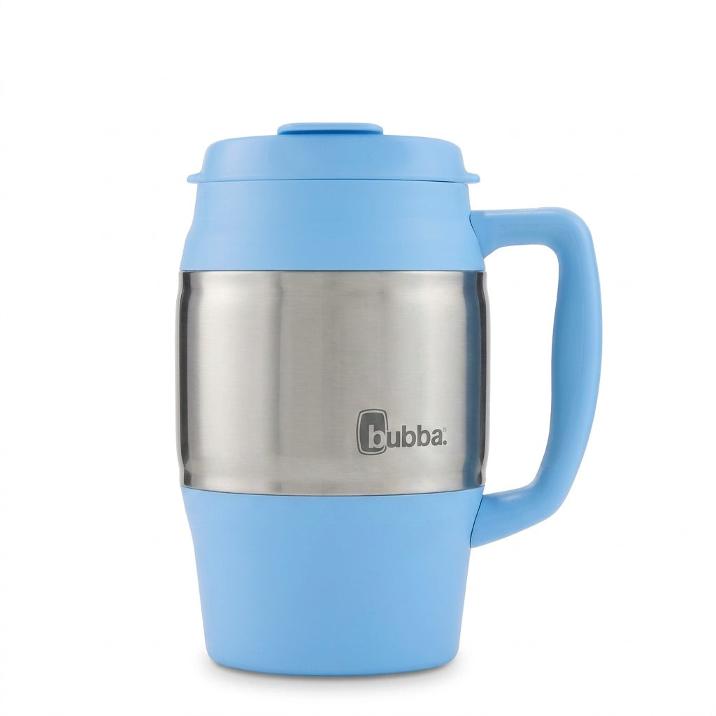 bubba Classic 34 oz insulated travel mug in Daydream light blue with stainless steel band and handle.