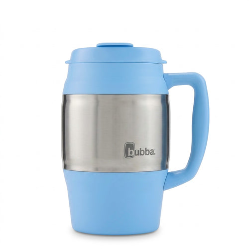 bubba Classic 34 oz insulated travel mug in Daydream light blue with stainless steel band and handle.