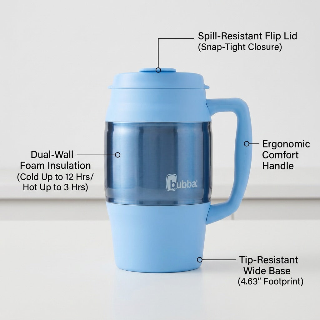 bubba Classic 34 oz insulated mug in Daydream highlighting flip lid, handle, and wide base