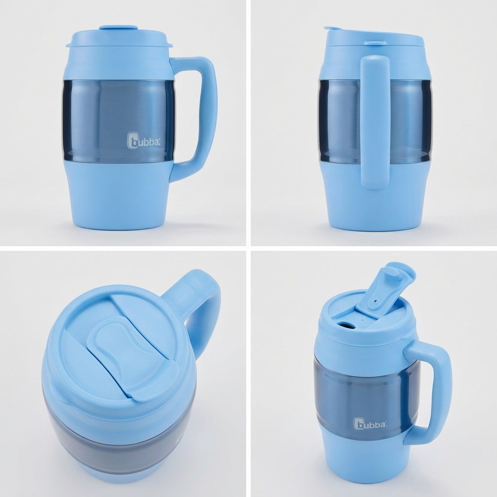 Four-angle grid of the 34 oz bubba Classic Insulated Mug in Daydream blue, showing the lid and handle.