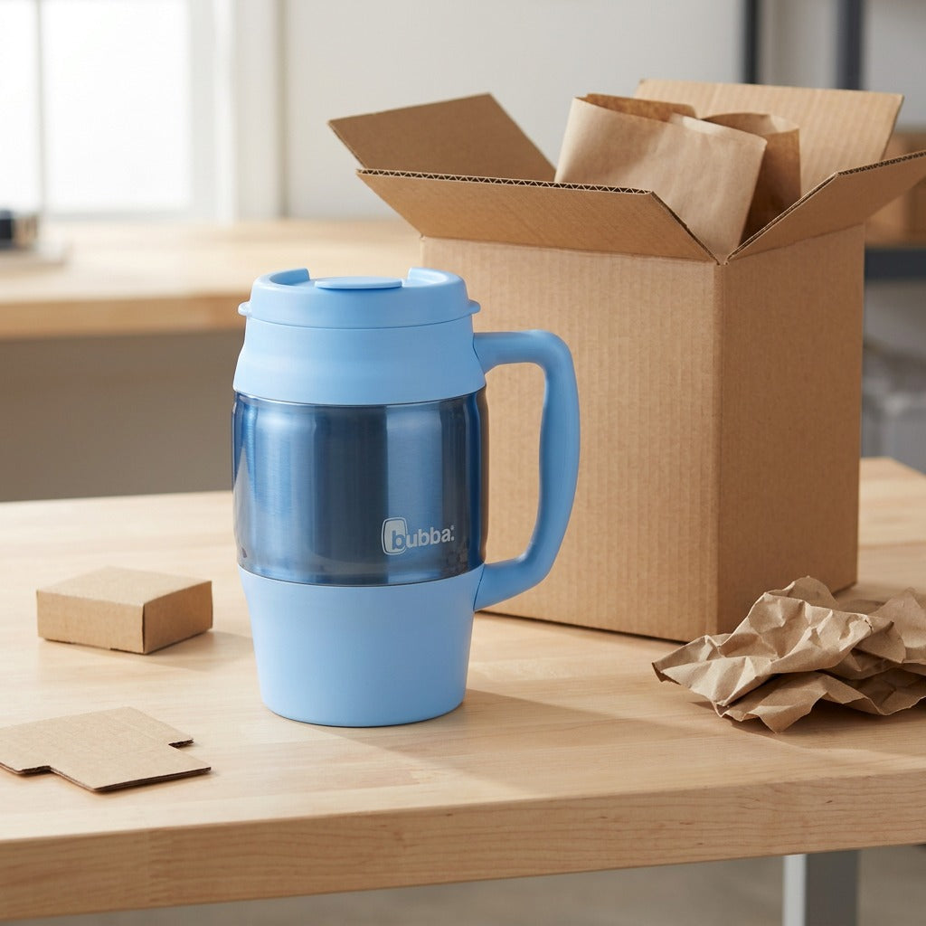 Unboxed blue bubba Classic 34 oz insulated mug next to an open shipping box and packaging paper.