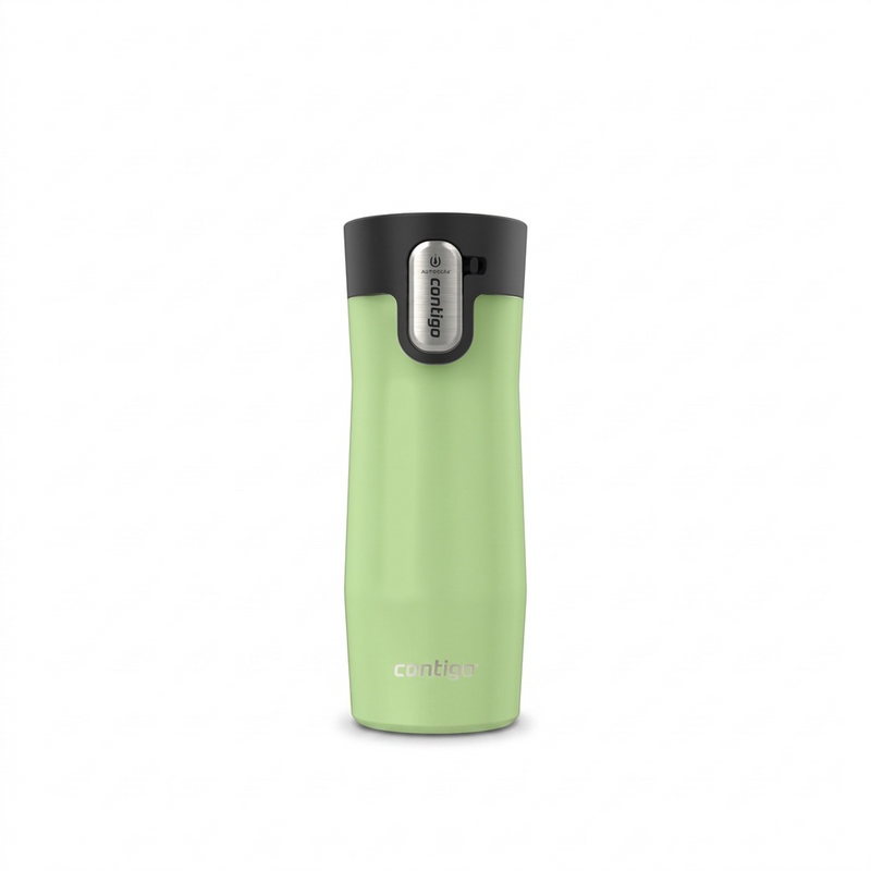 A high-resolution ecommerce hero shot of the Contigo West Loop 3.0 travel mug in Cucumber Frosted Pearl, displayed against a pure white background. The focus is sharp on the product details and brand logo.