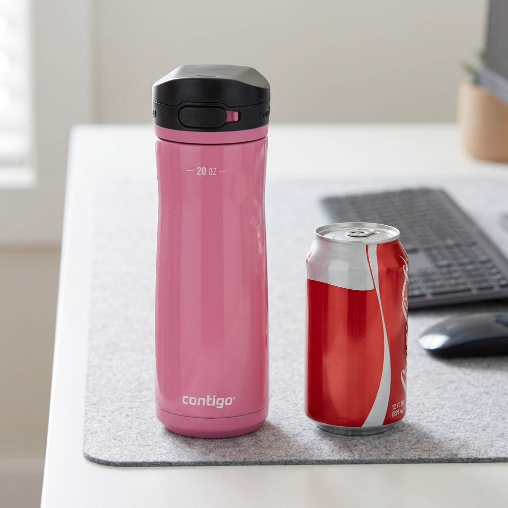 A visual scale reference image comparing the pink Contigo Jackson Chill 2.0 water bottle to a tennis ball.