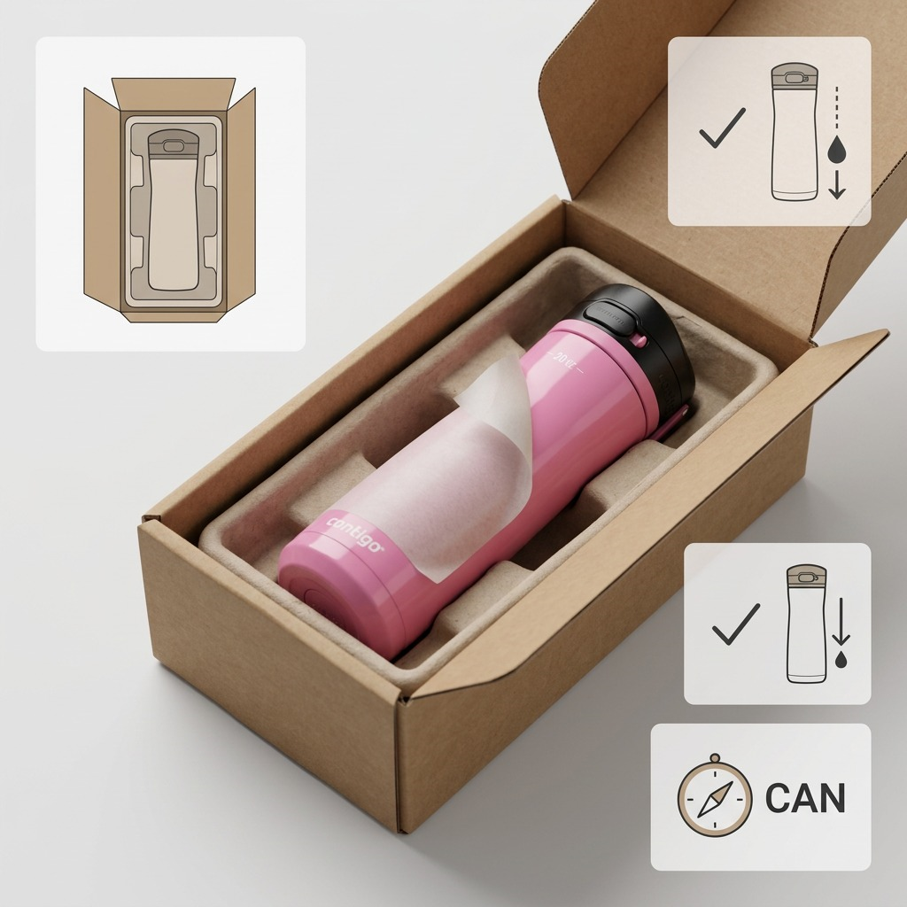 A premium unboxing scene shows the Contigo Jackson Chill 2.0 water bottle secure in protective packaging.
