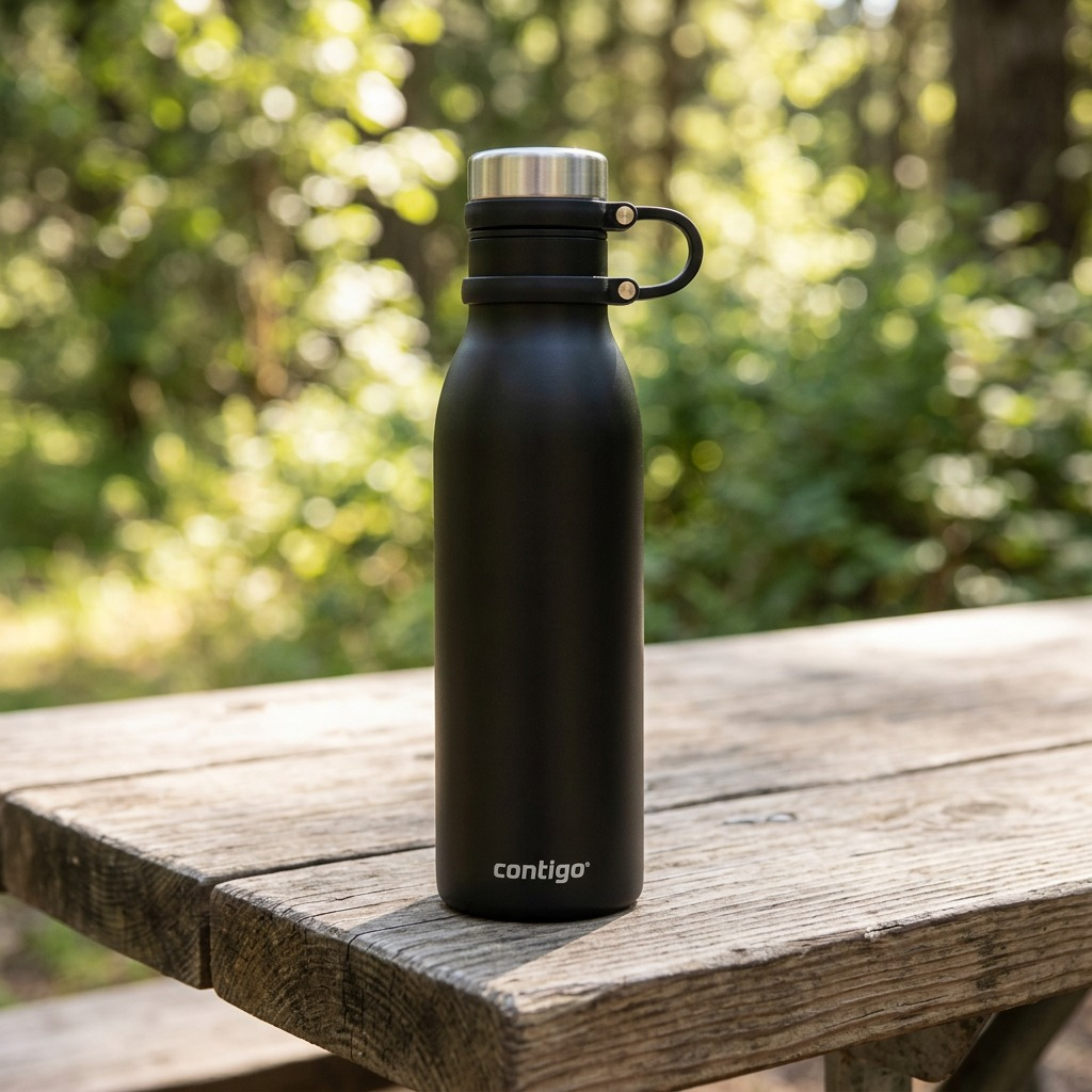 Lifestyle photo of the Contigo Matterhorn 20 oz water bottle in Licorice on a desk next to a laptop.