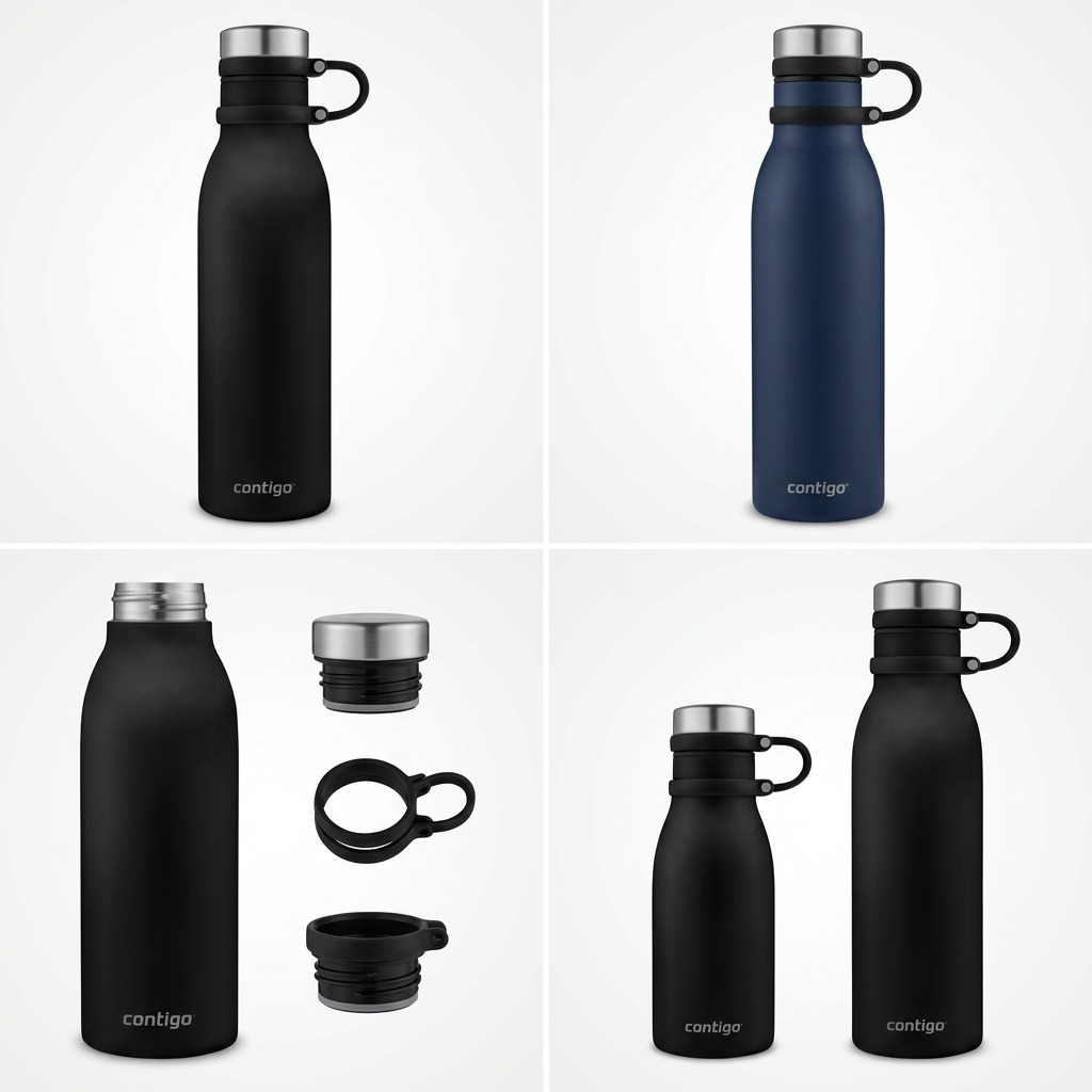 A grid displaying the Contigo Matterhorn water bottle in Licorice from four different 360-degree angles.