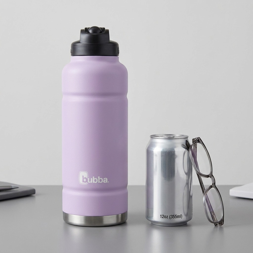 Lavender 40oz water bottle shown with soda can and glasses