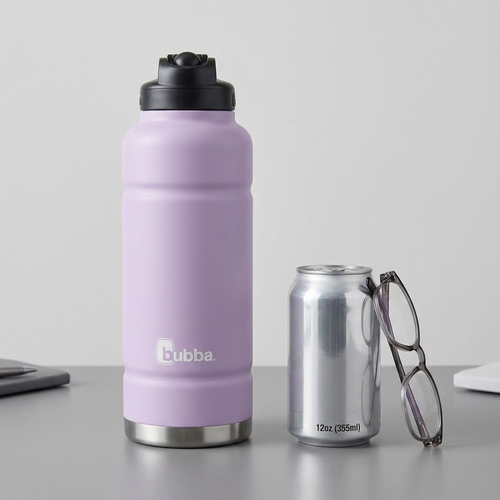 Lavender 40oz water bottle shown with soda can and glasses