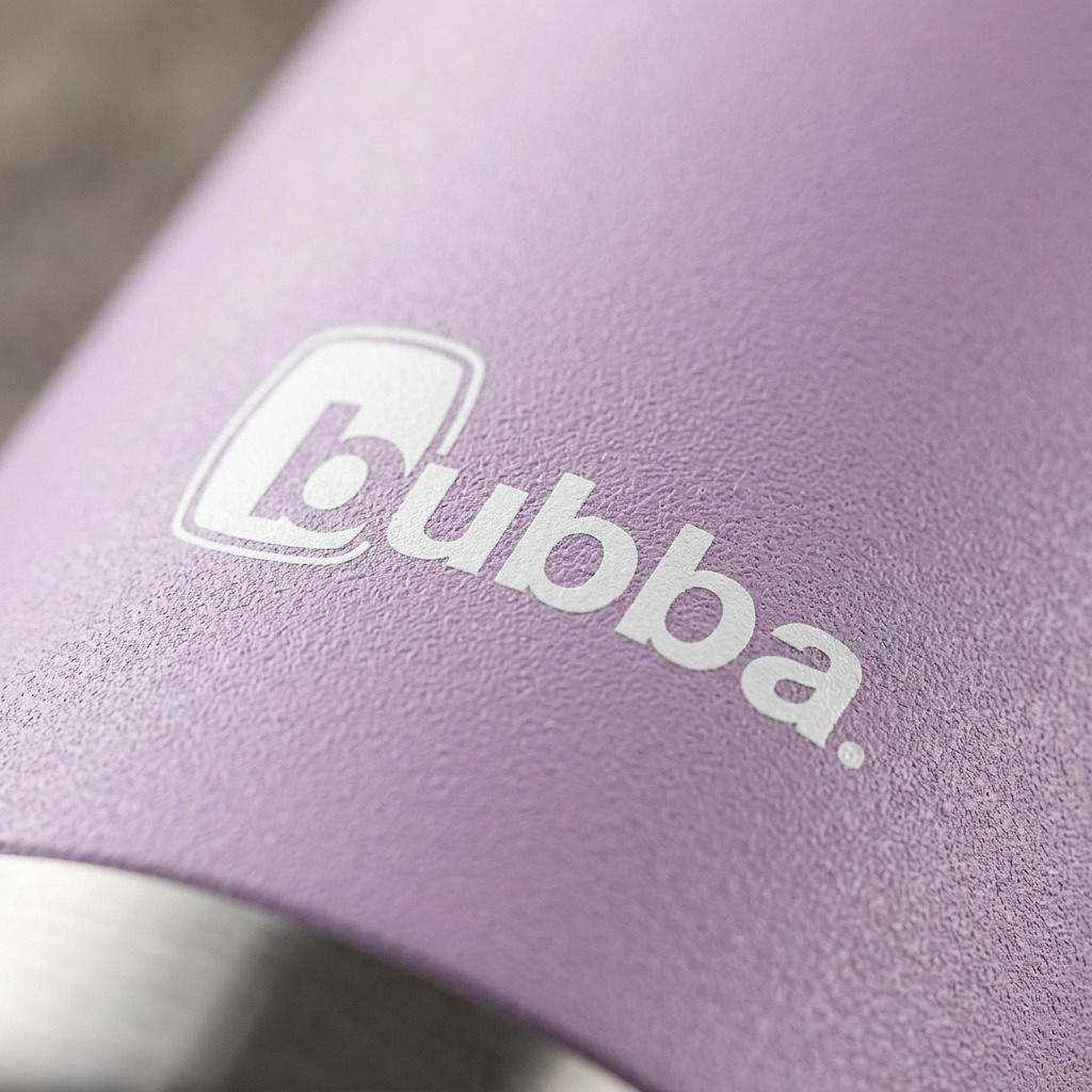 Extreme macro view of the 40 oz Bubba water bottle laser-etched logo and textured lavender finish.